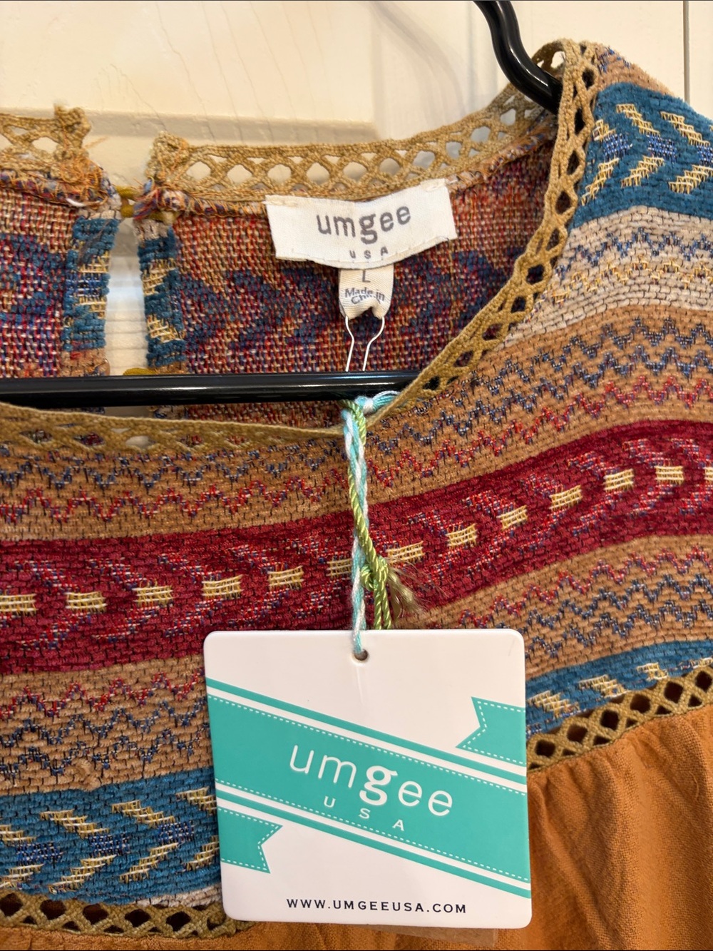 Umgee Rust Long Sleeve Boho Tunic Dress with Multicolor Yoke - Picture 2 of 5